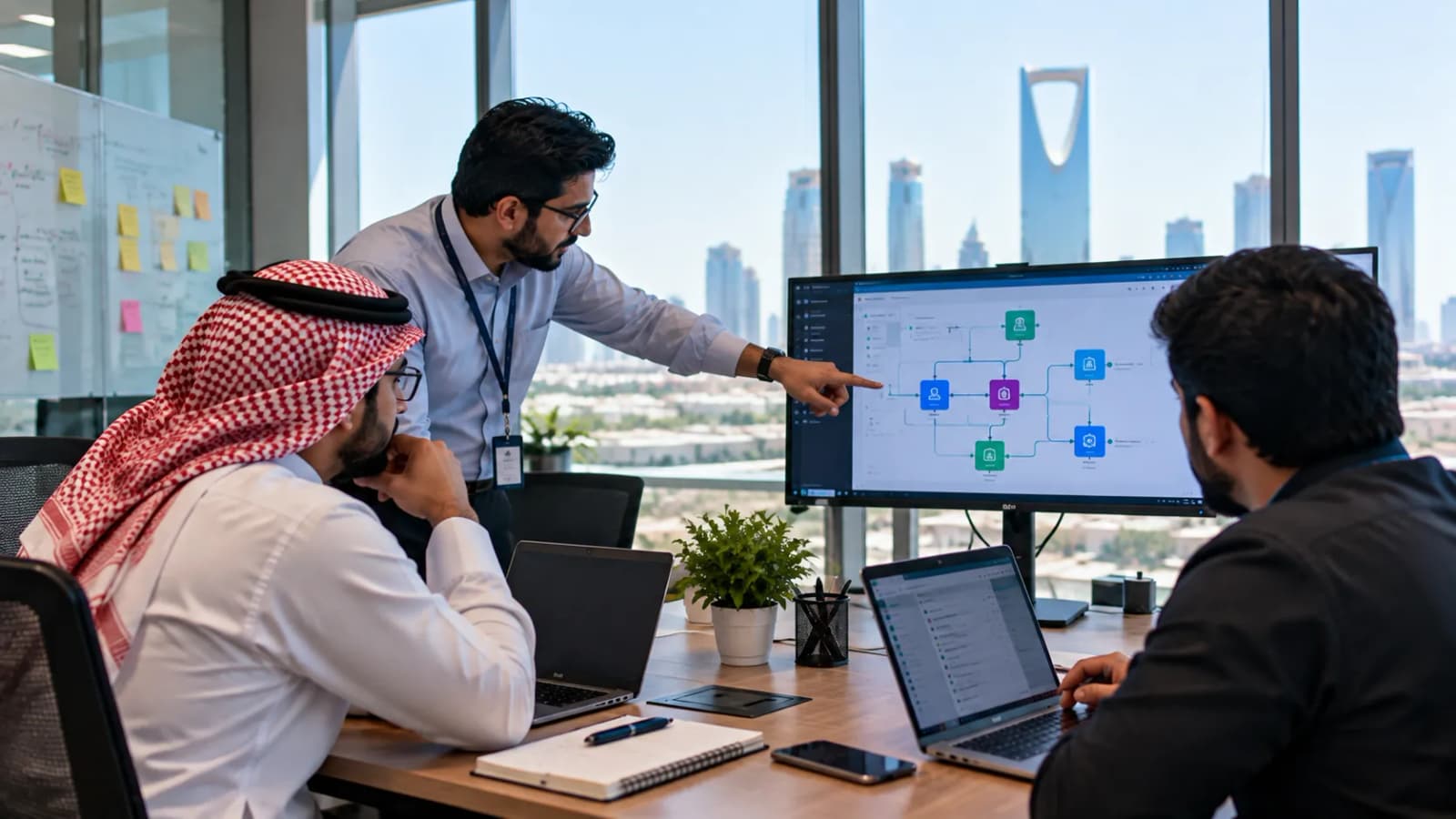 مستشار يشير إلى مخطط سير عمل آلي على شاشة كبيرة بينما يتابعه زميلان على الطاولة