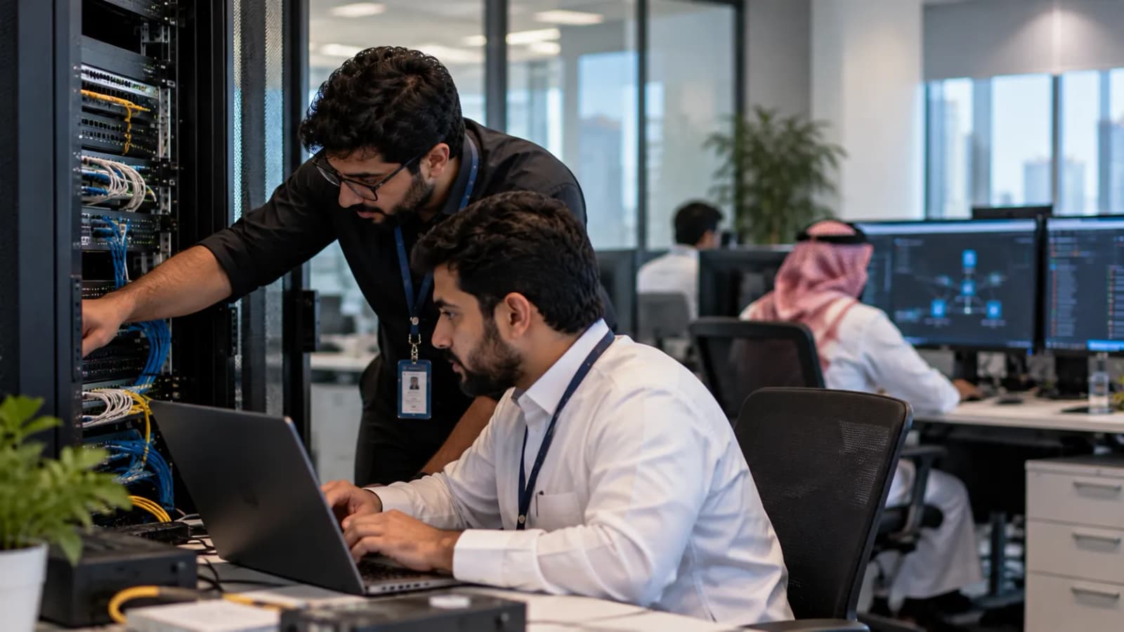 مهندسان يعملان معًا أمام خزانة شبكة مفتوحة، أحدهما على حاسوب محمول
