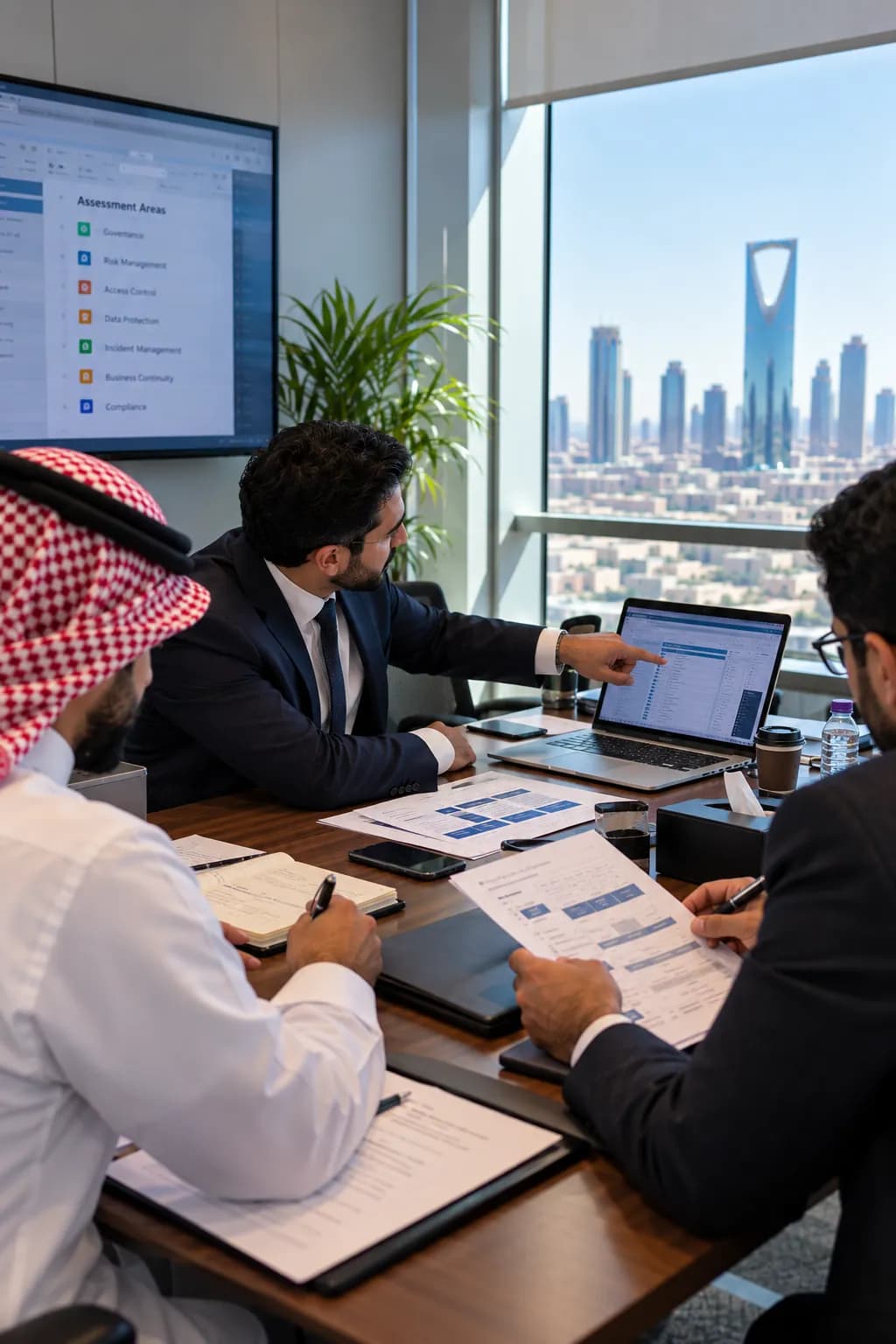 مراجعة تقييم في قاعة اجتماعات تطل على أفق مدينة الرياض — شاشة جدارية تعرض مجالات التقييم