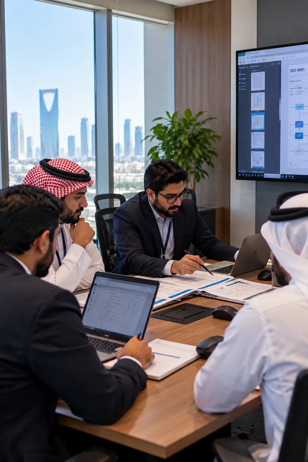 مستشار يراجع وثائق نظام الإدارة مع فريق العميل على طاولة اجتماعات