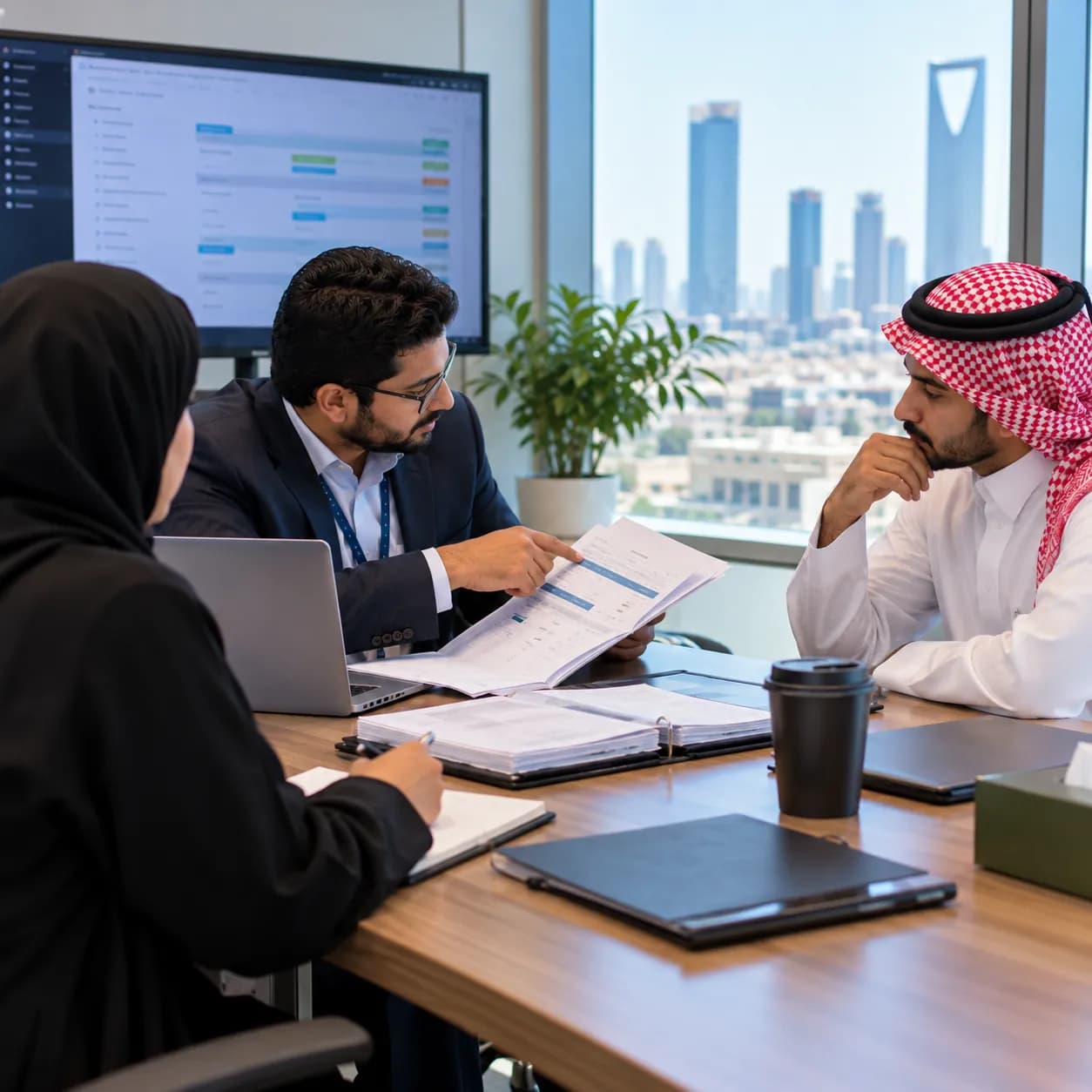 مستشار يشرح ملف ترخيص النقل لعميلين على طاولة اجتماعات، وخلفهم شاشة جدارية تعرض لوحة بيانات.