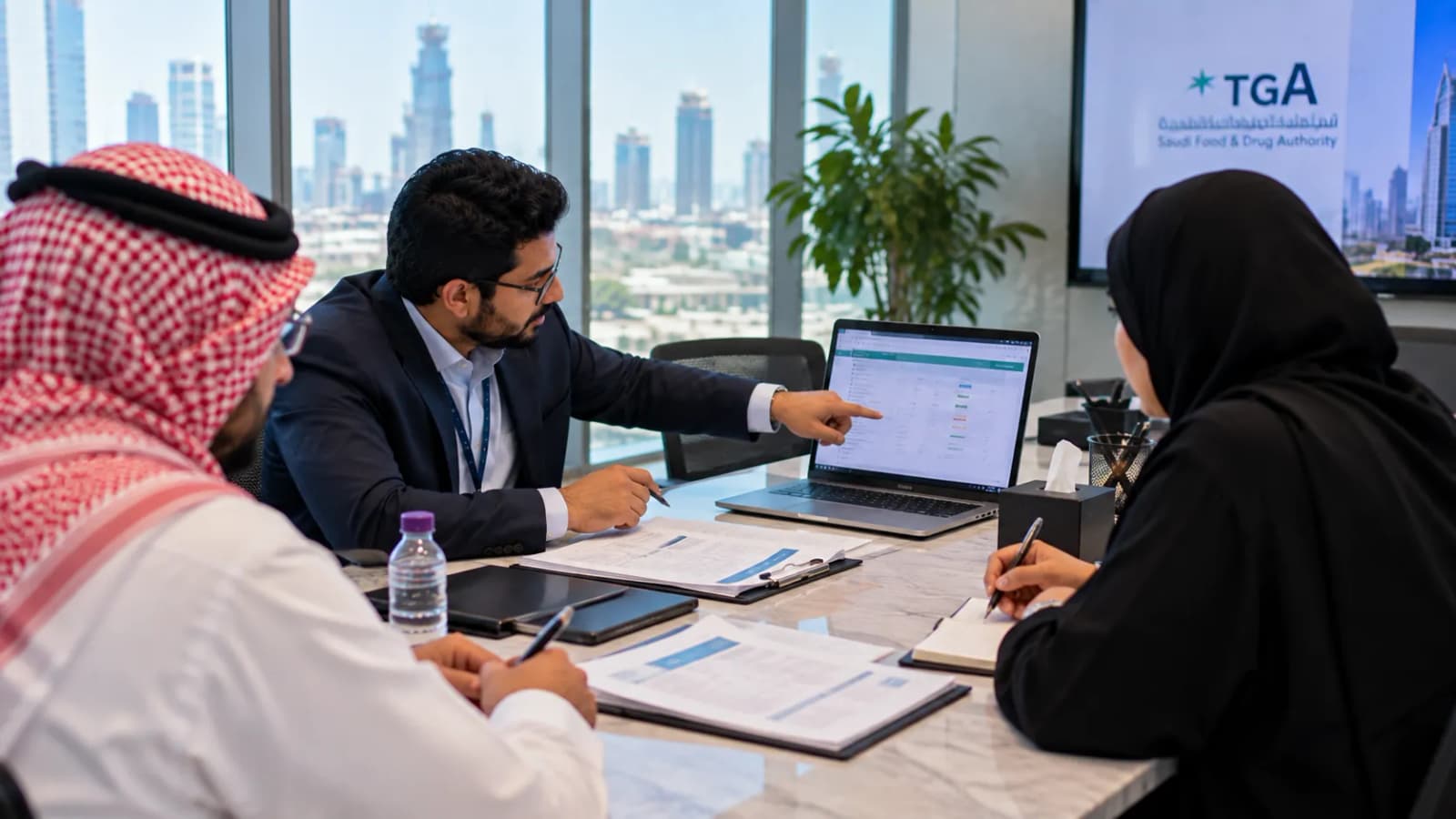 ثلاثة أشخاص حول طاولة اجتماعات يراجعون ملف ترخيص نقل، وبينهم حاسوب محمول وأفق المدينة من النافذة.