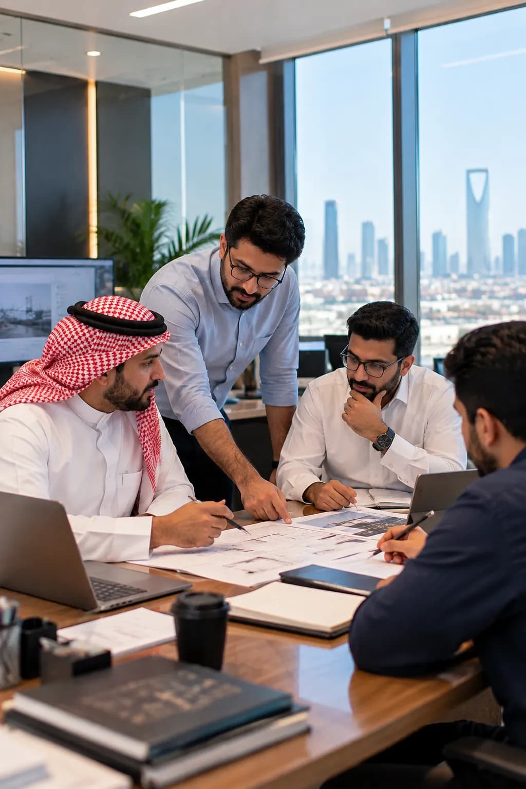 أربعة زملاء حول طاولة اجتماعات في مكتب بالخبر يراجعون مخططات ومستندات معًا، وخلفهم أفق المدينة.