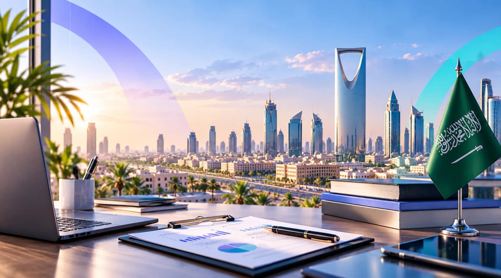 Laptop and business documents beside a Saudi flag, overlooking the Riyadh skyline