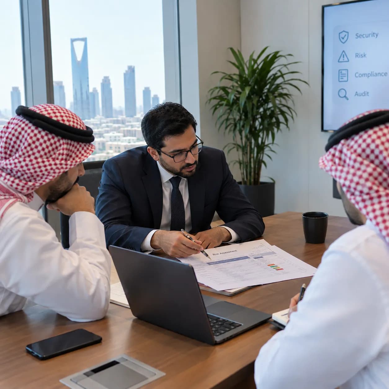اجتماع تحت شاشة بعناوين الأمن والمخاطر والالتزام والتدقيق، وعلى الطاولة ورقة تقييم مخاطر مفتوحة.
