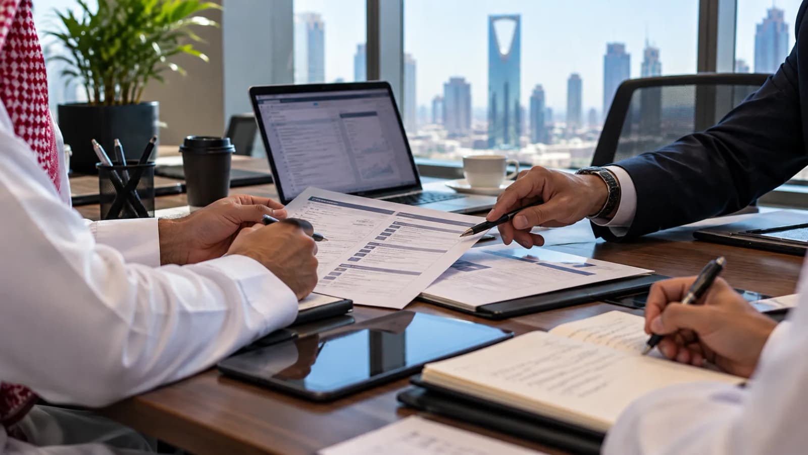 Close work on a risk and control report at a meeting table — printed tables