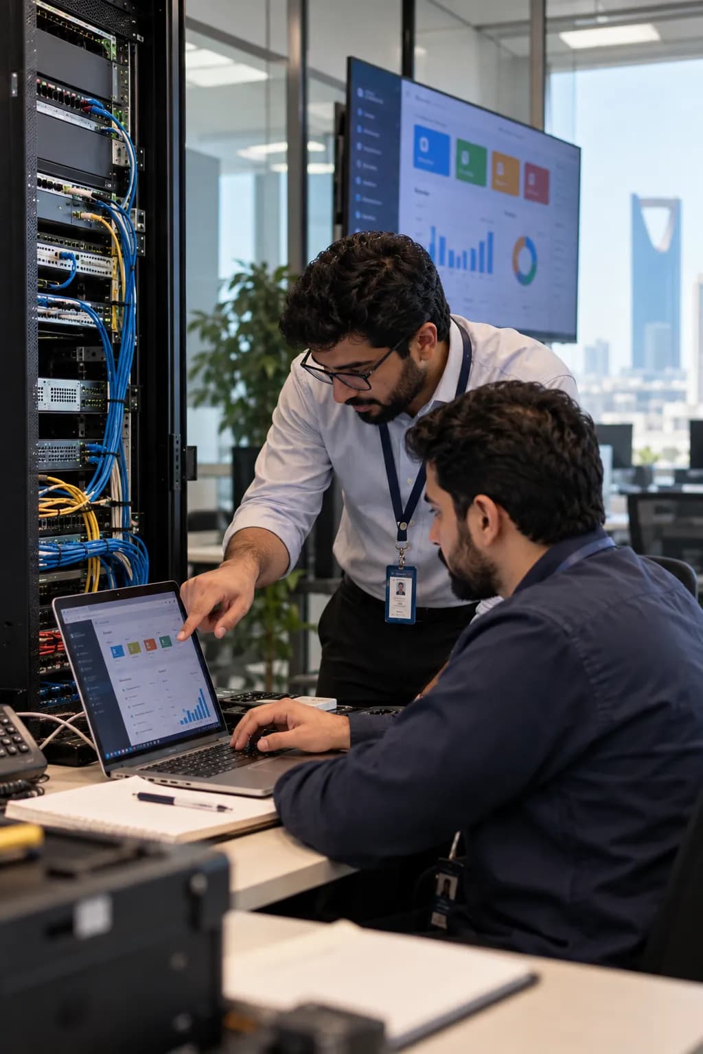 زميلان أمام مكتب يراجعان لوحة معلومات للأعمال على حاسوب محمول