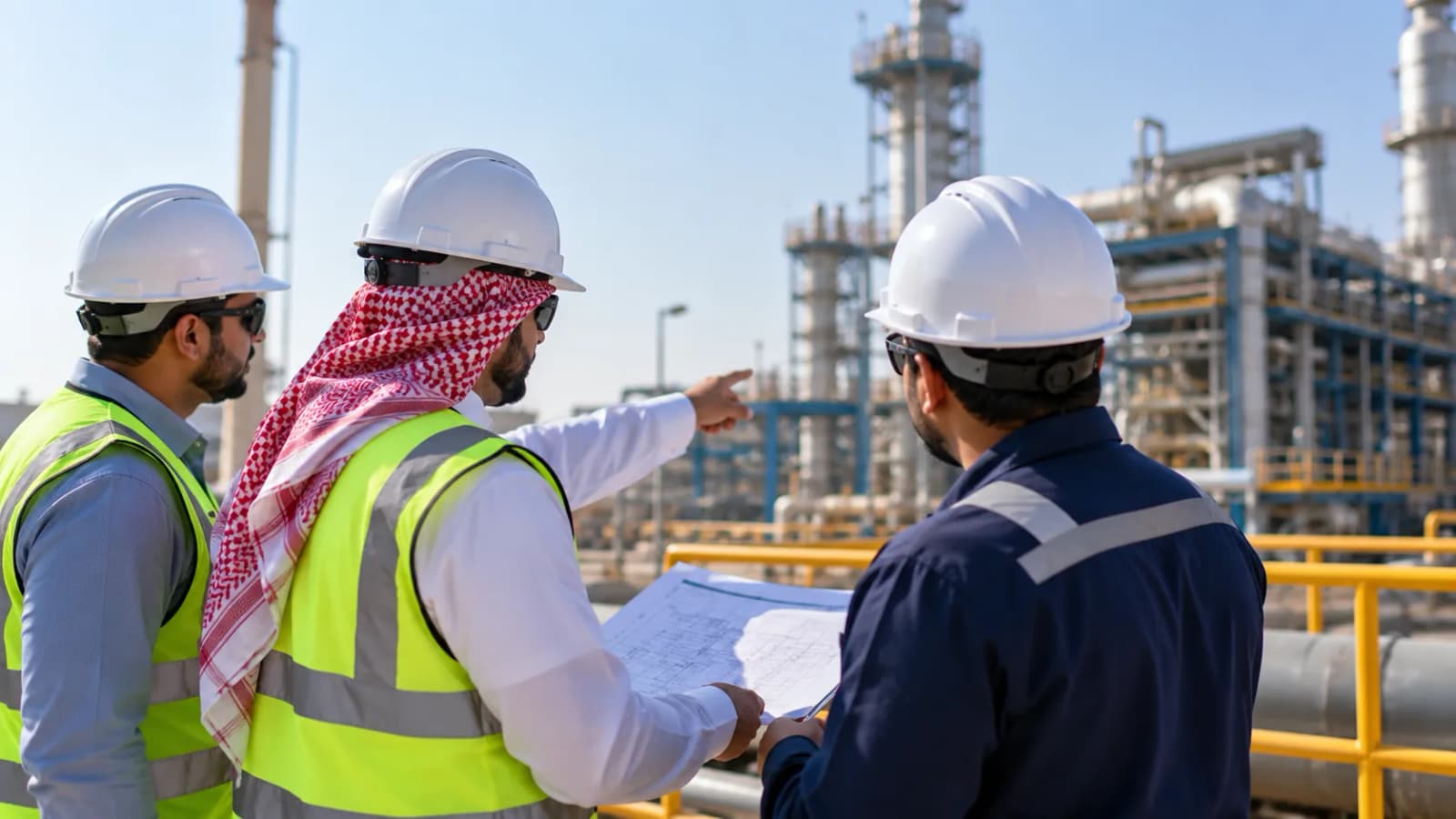 ثلاثة مهندسين يرتدون خوذات وسترات عاكسة يراجعون مخططًا في منشأة صناعية