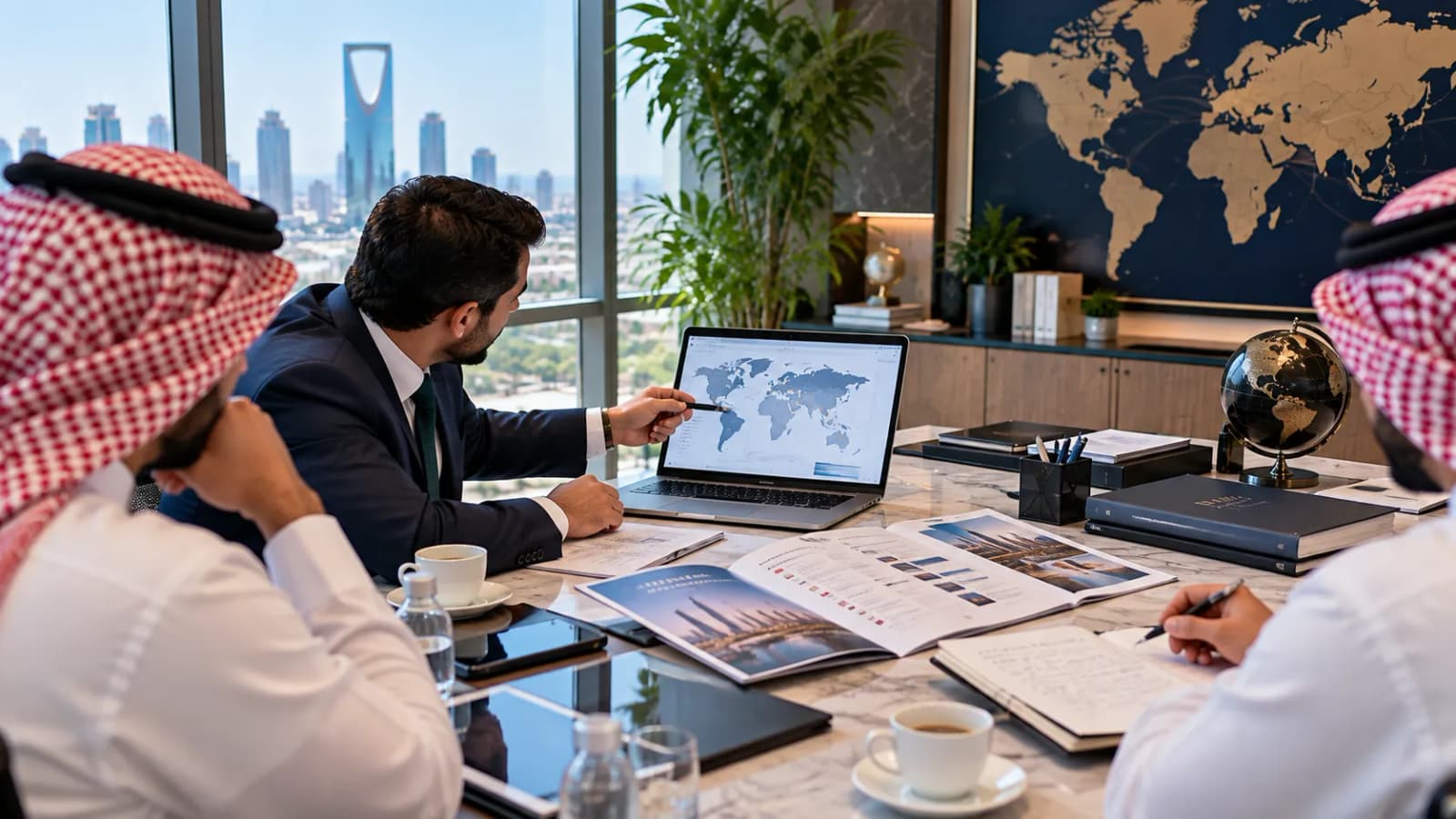 A business team studying an overseas market on a laptop in a boardroom