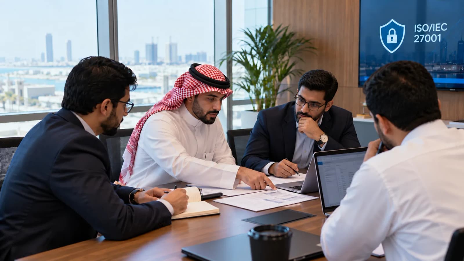 اجتماع تحت شاشة جدارية مكتوب عليها ISO/IEC 27001، وعلى الطاولة مستندات وحاسوب محمول.