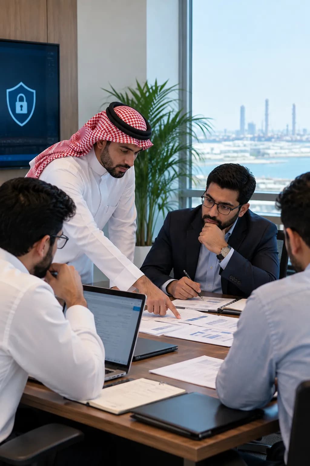 فريق يراجع مستندات أمن المعلومات في قاعة اجتماعات، وعلى شاشة الجدار علامة درع