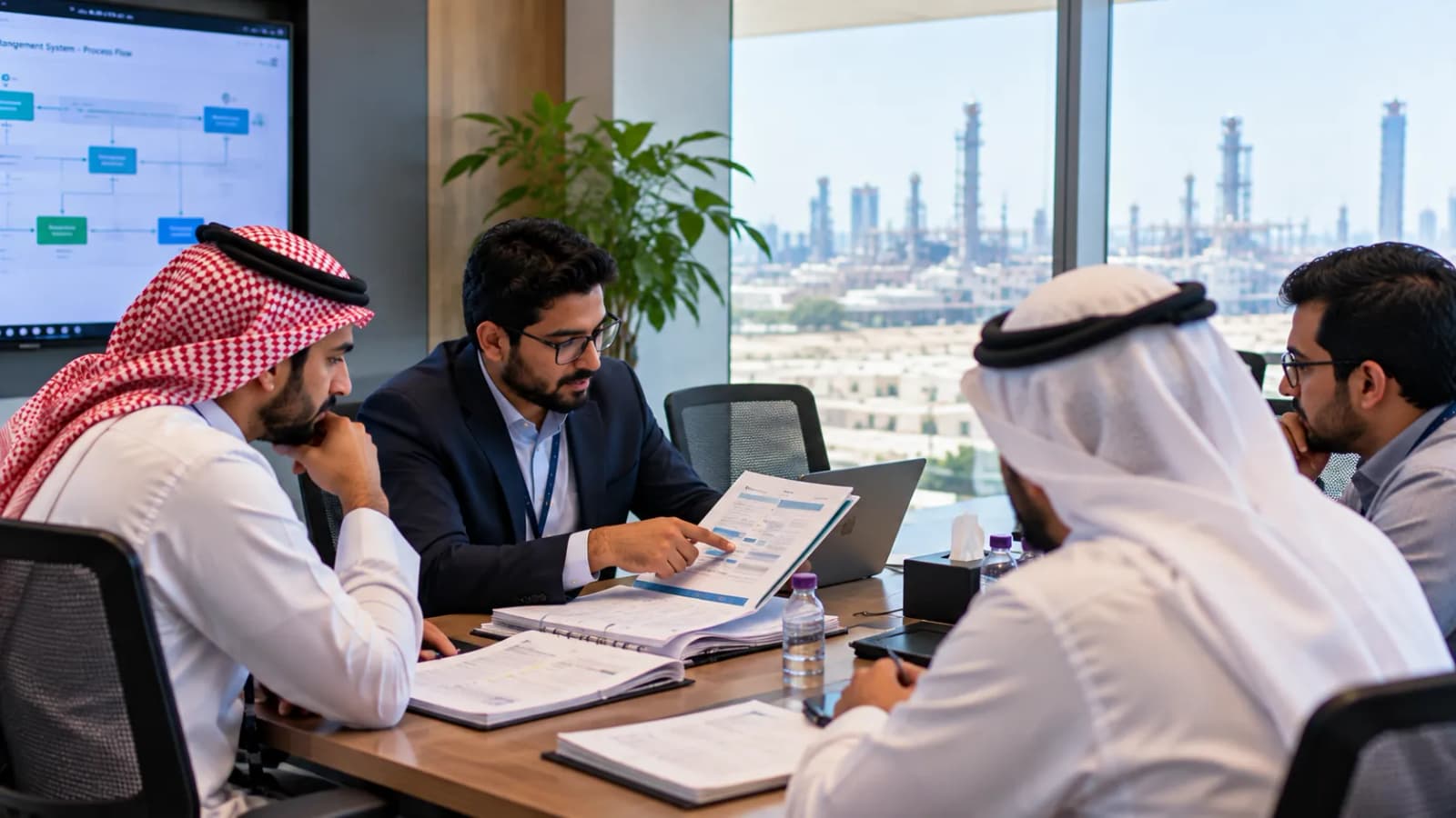 مستشار يشرح لفريق العميل ملفًا من وثائق نظام الإدارة، وخلفه شاشة تعرض مخطط سير العمليات