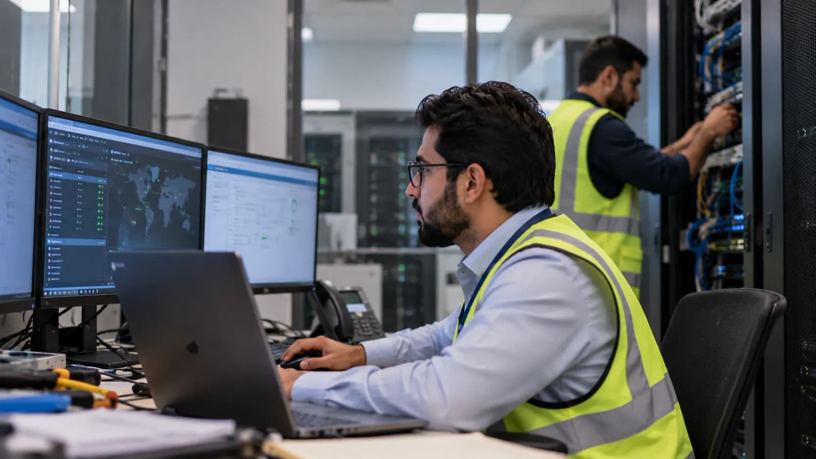 مهندس في محطة مراقبة تظهر على شاشتها لوحات الشبكة، بينما يعمل زميله على خزانة خوادم خلفه.