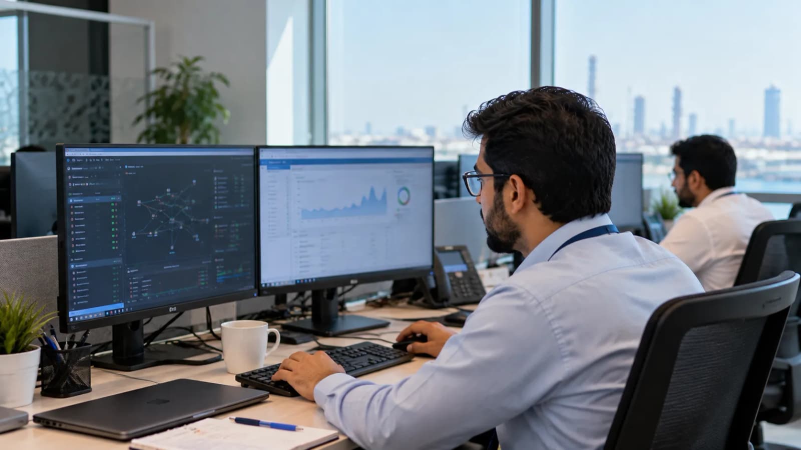 مهندس أمام شاشتين يراجع لوحات مراقبة البنية التحتية، وخلفه مكتب مفتوح وأفق المدينة.