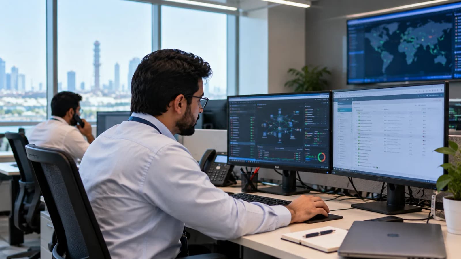 مهندس تقنية معلومات أمام محطة عمل بشاشتين يراجع خريطة الشبكة وقائمة التذاكر