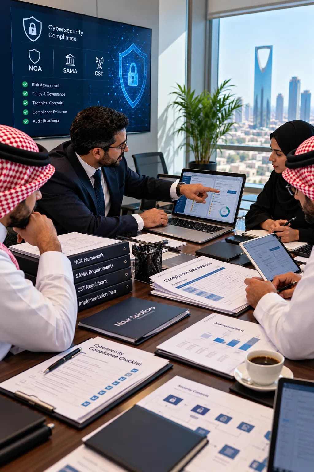 فريق التزام أثناء العمل في قاعة تطل على أفق مدينة الرياض — تحليل فجوات وتقييم مخاطر على الطاولة