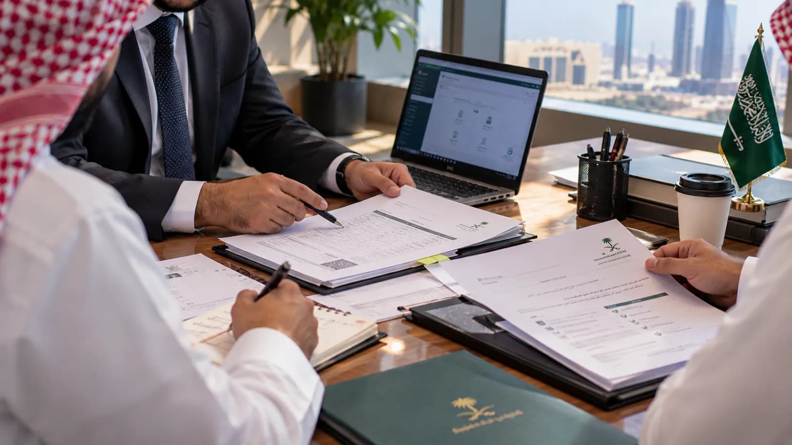 Government application forms being worked through at a meeting table