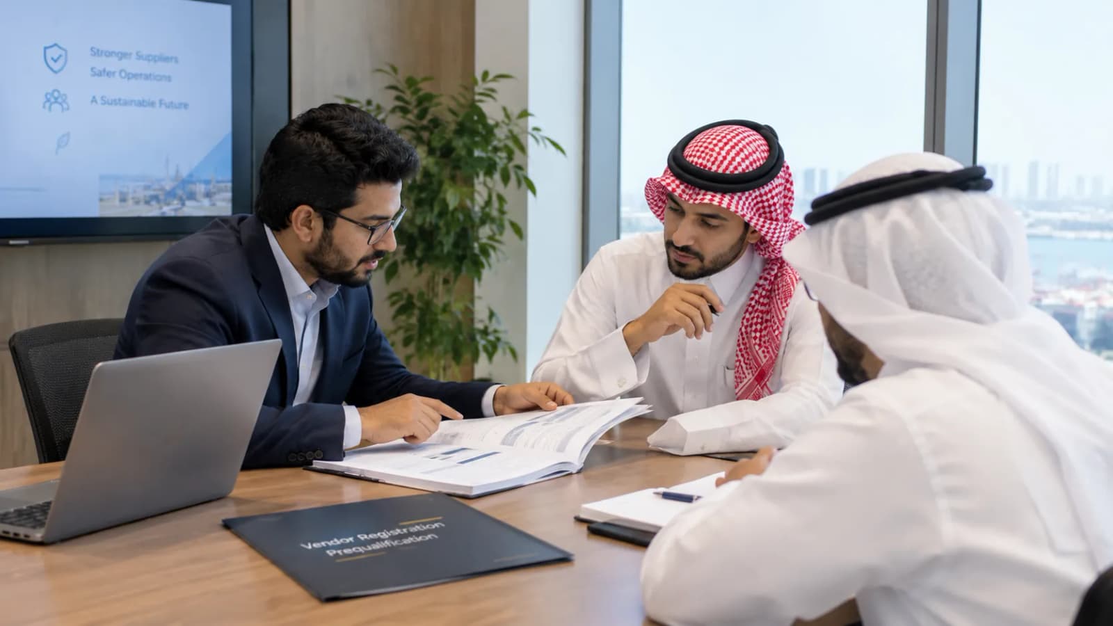 مستشار يراجع ملفًا من وثائق المورد مع عميلين، وعلى الطاولة ملف تسجيل الموردين والتأهيل المسبق.